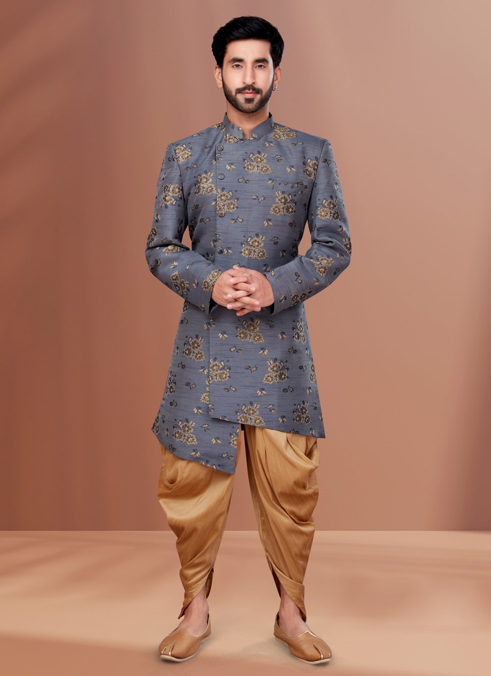 Indo Western Jacquard Grey Fancy Work Mens