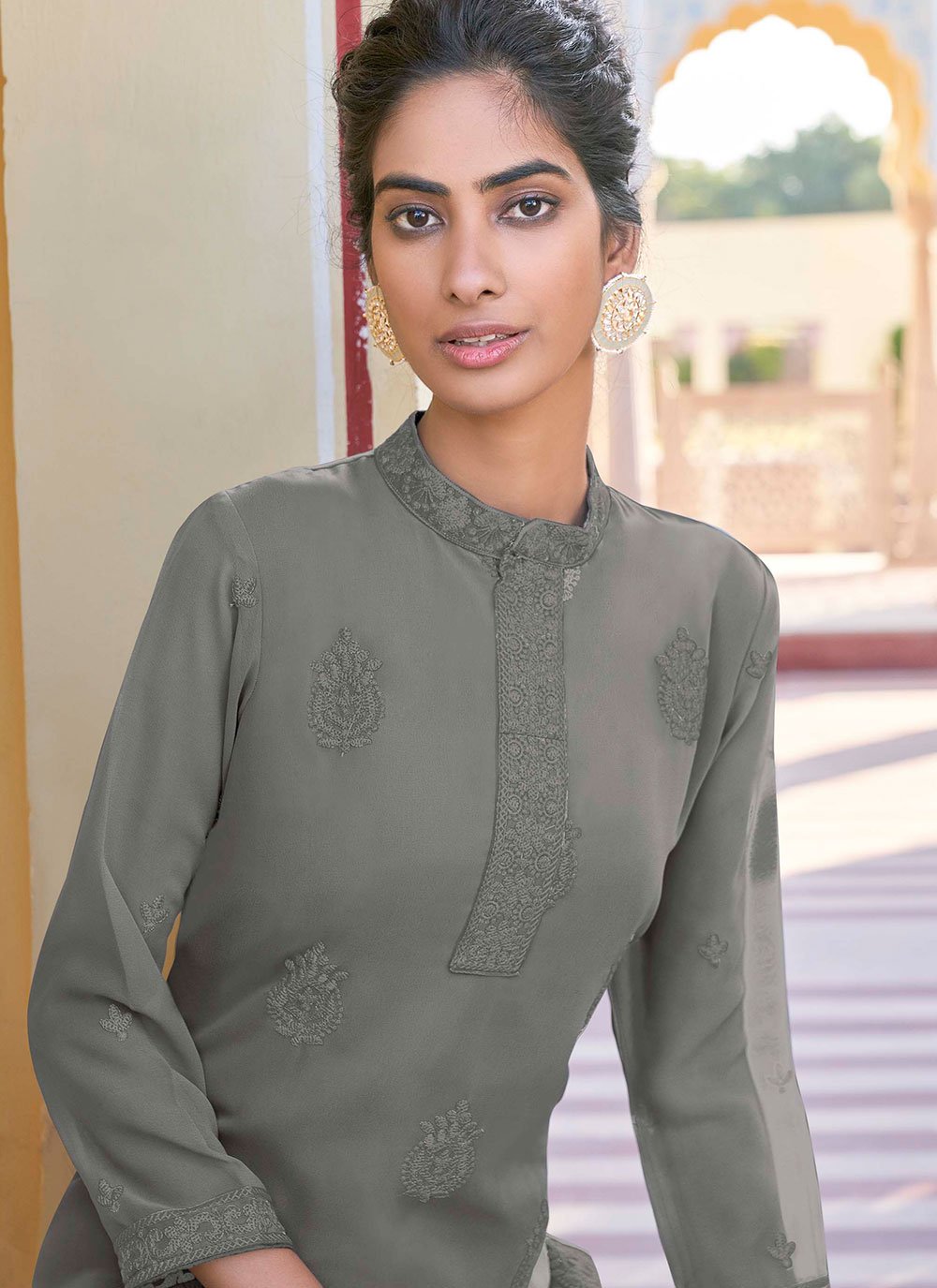 Casual Kurti Faux Georgette Grey Embroidered Kurtis