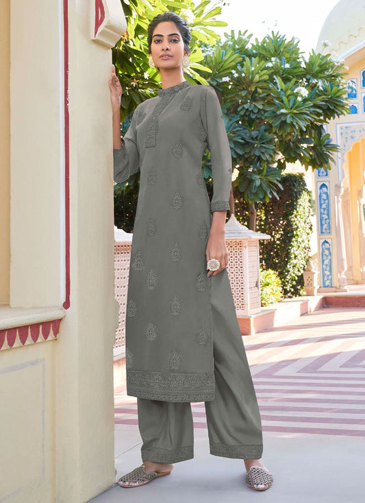 Casual Kurti Faux Georgette Grey Embroidered Kurtis