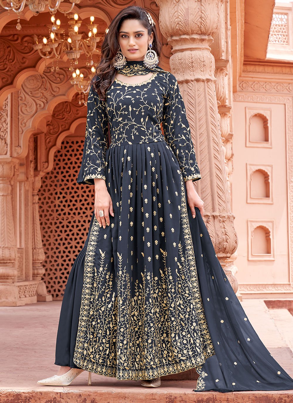 Salwar Suit Faux Georgette Grey Embroidered Salwar Kameez