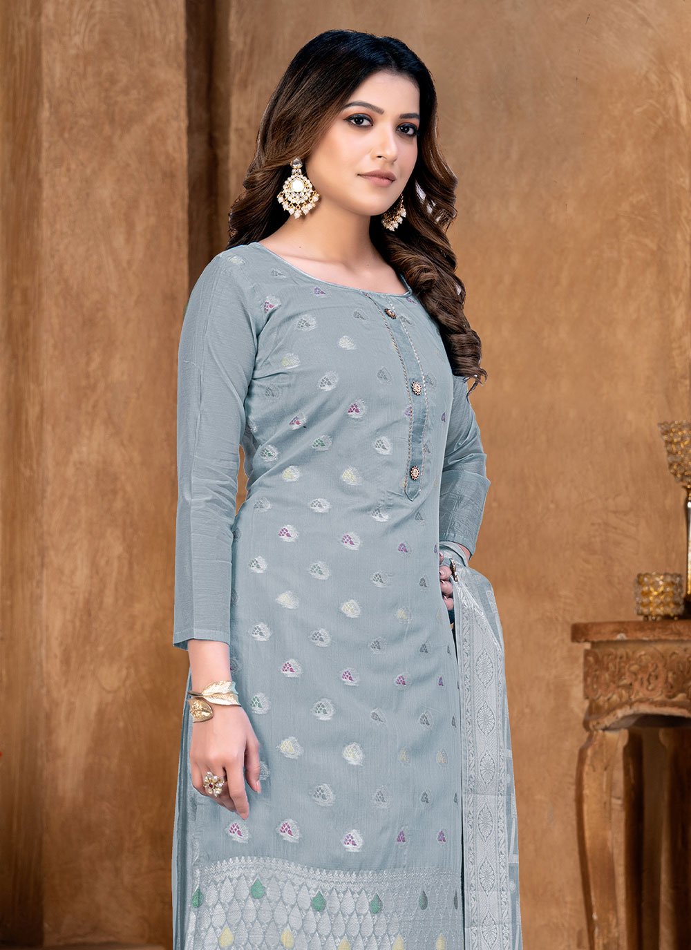 Salwar Suit Banarasi Jacquard Grey Weaving Salwar Kameez