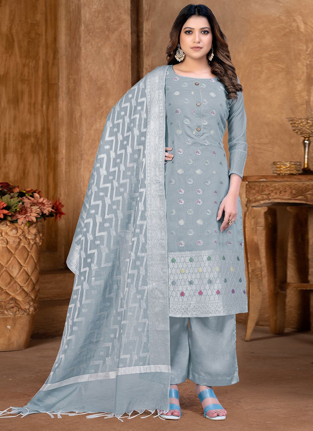 Salwar Suit Banarasi Jacquard Grey Weaving Salwar Kameez