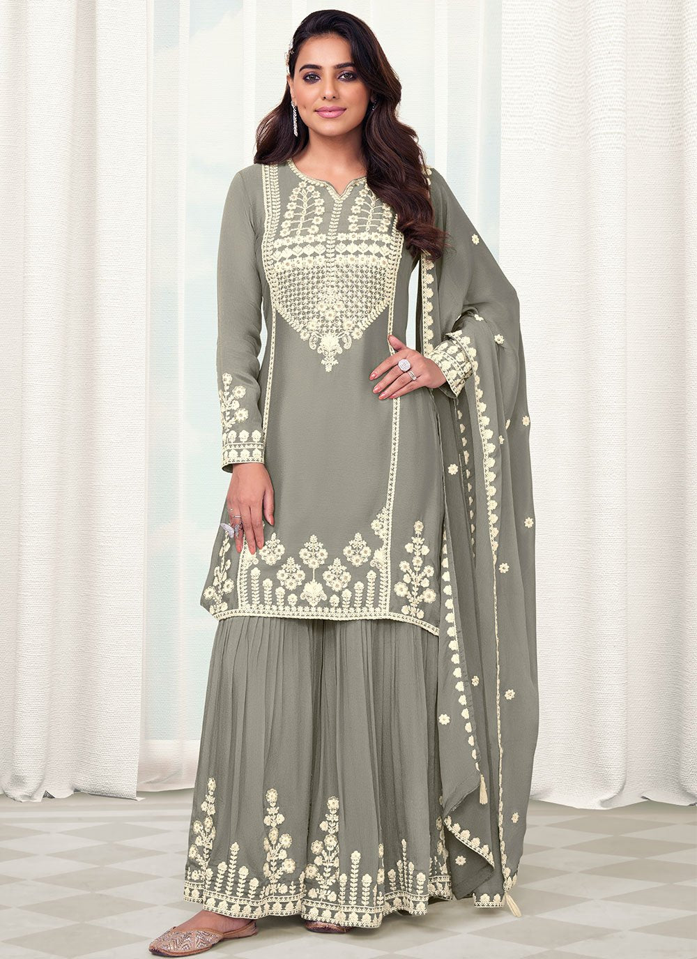 Salwar Suit Chinon Grey Embroidered Salwar Kameez