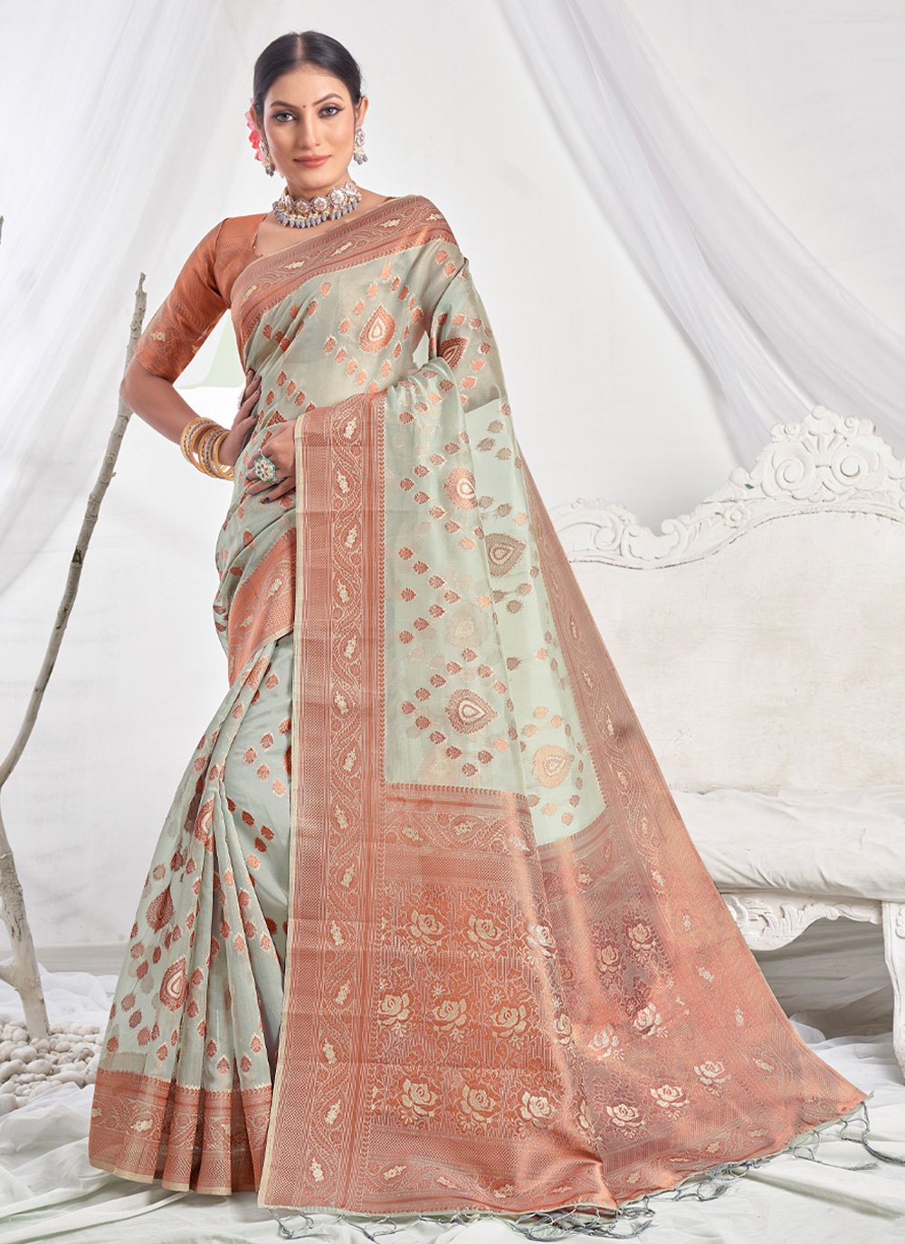 Designer Organza Grey Embroidered Saree