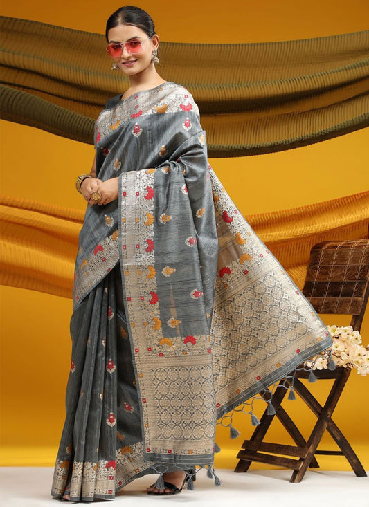 Classic Tussar Silk Grey Meena Saree