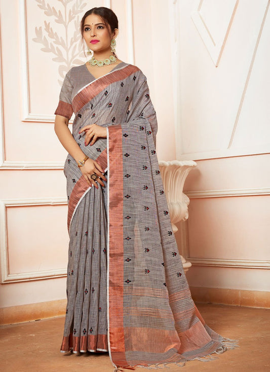 Trendy Saree Cotton Linen Grey Embroidered Saree