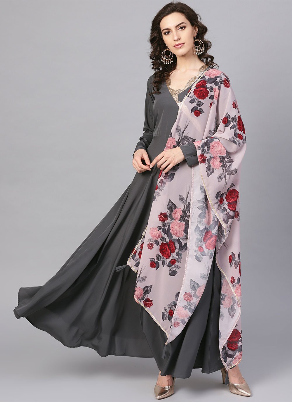 Gown Crepe Silk Grey Lace Gown