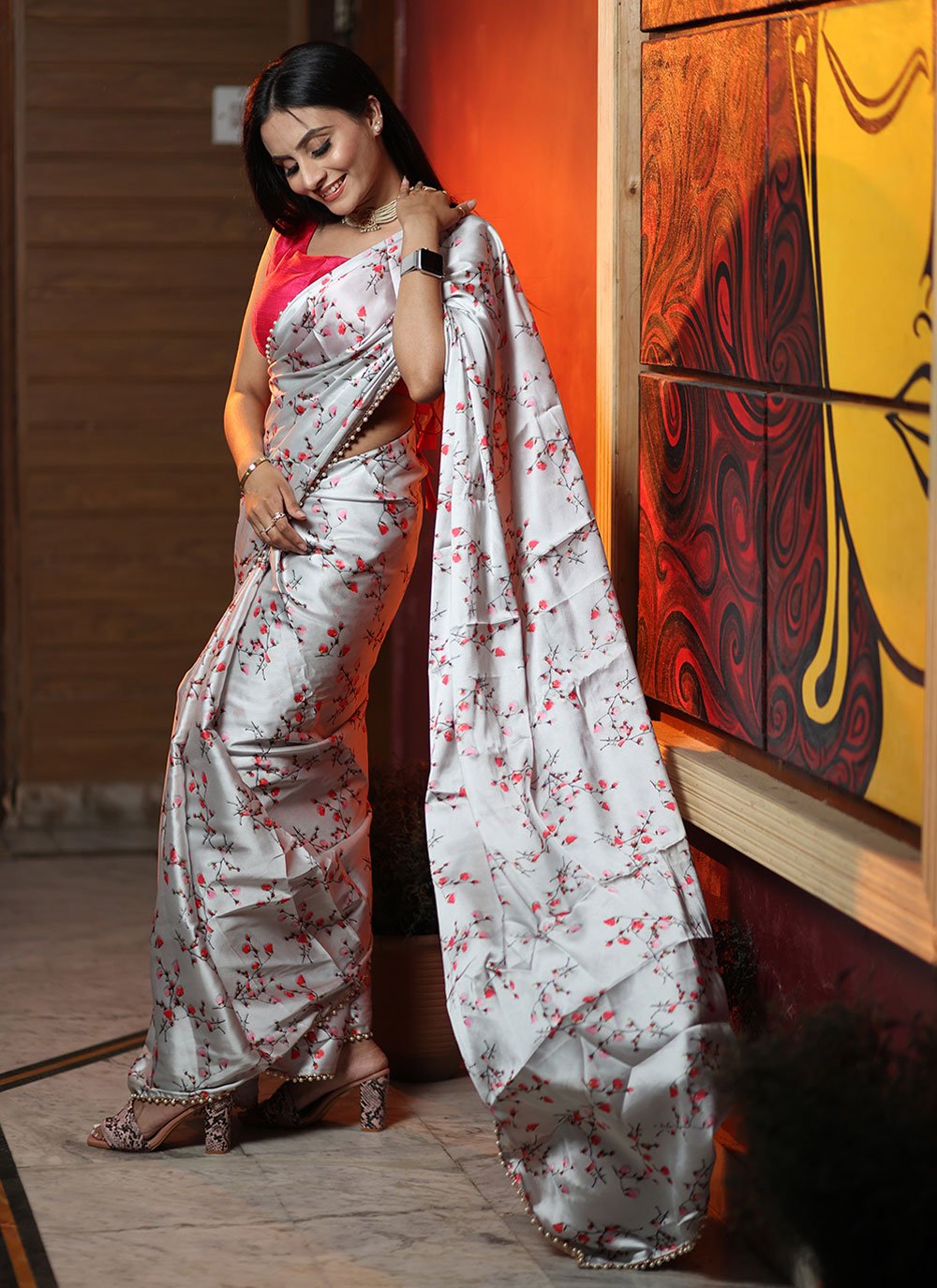 Classic Satin Grey Print Saree