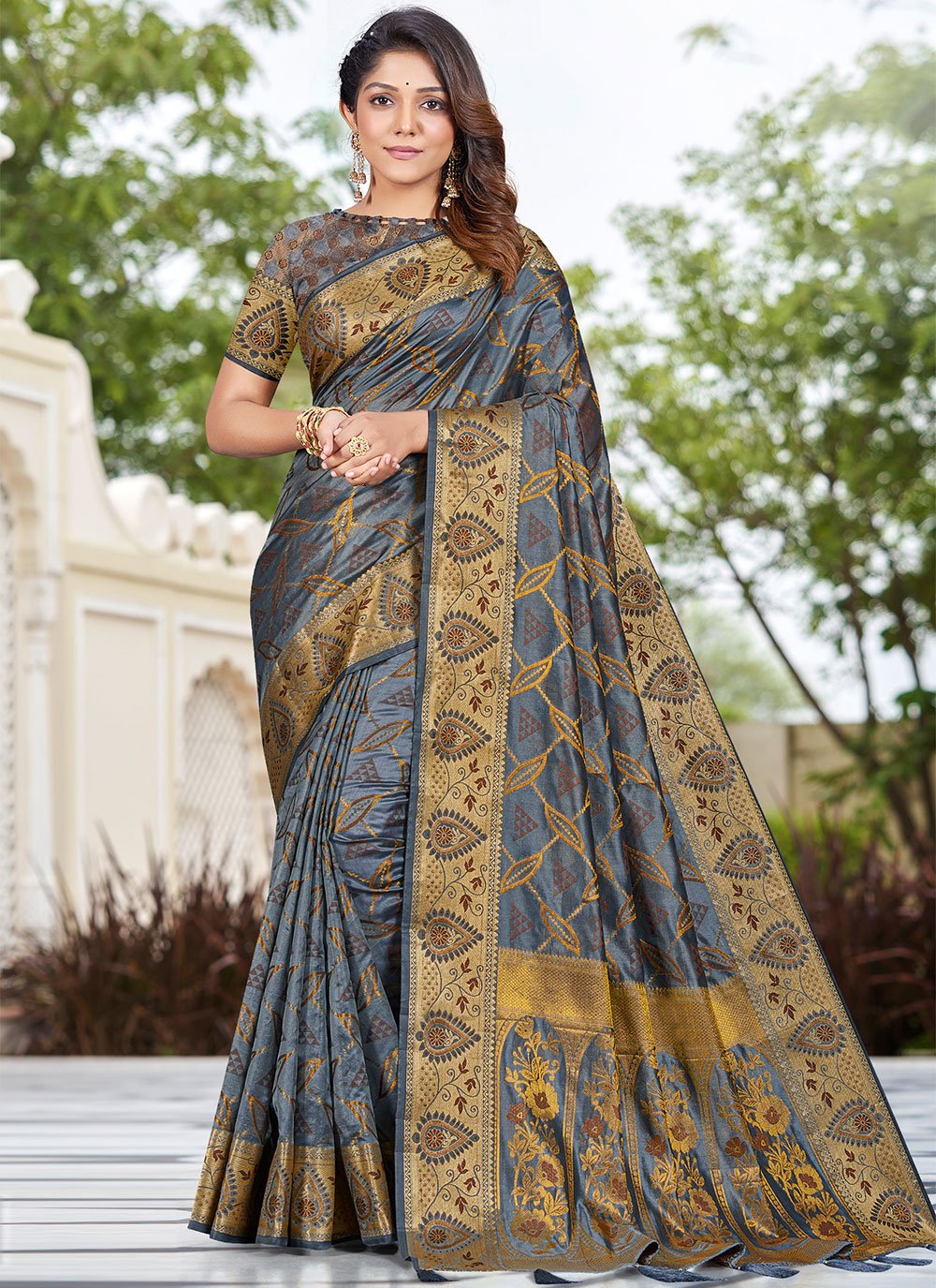 Classic Silk Grey Patch Border Saree