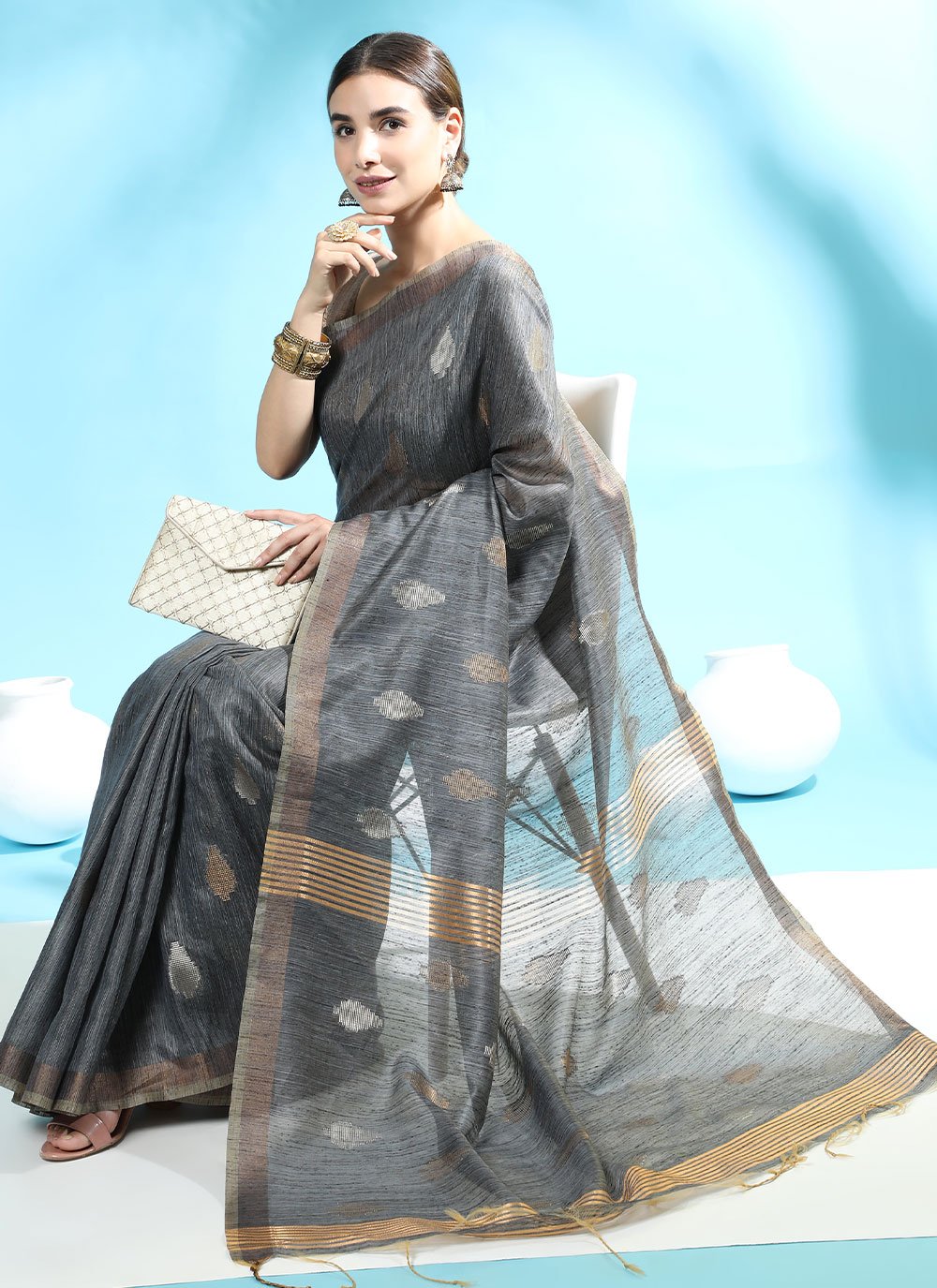 Classic Handloom Silk Grey Woven Saree