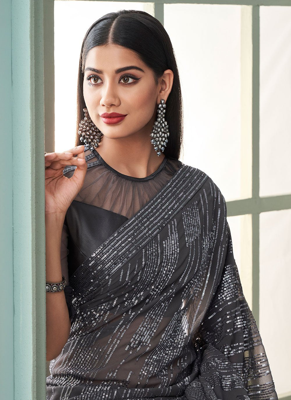 Classic Georgette Grey Sequins Saree