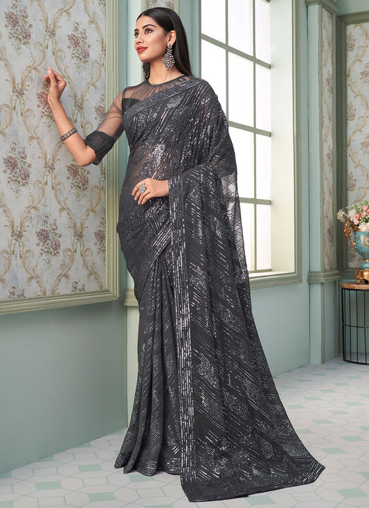 Classic Georgette Grey Sequins Saree