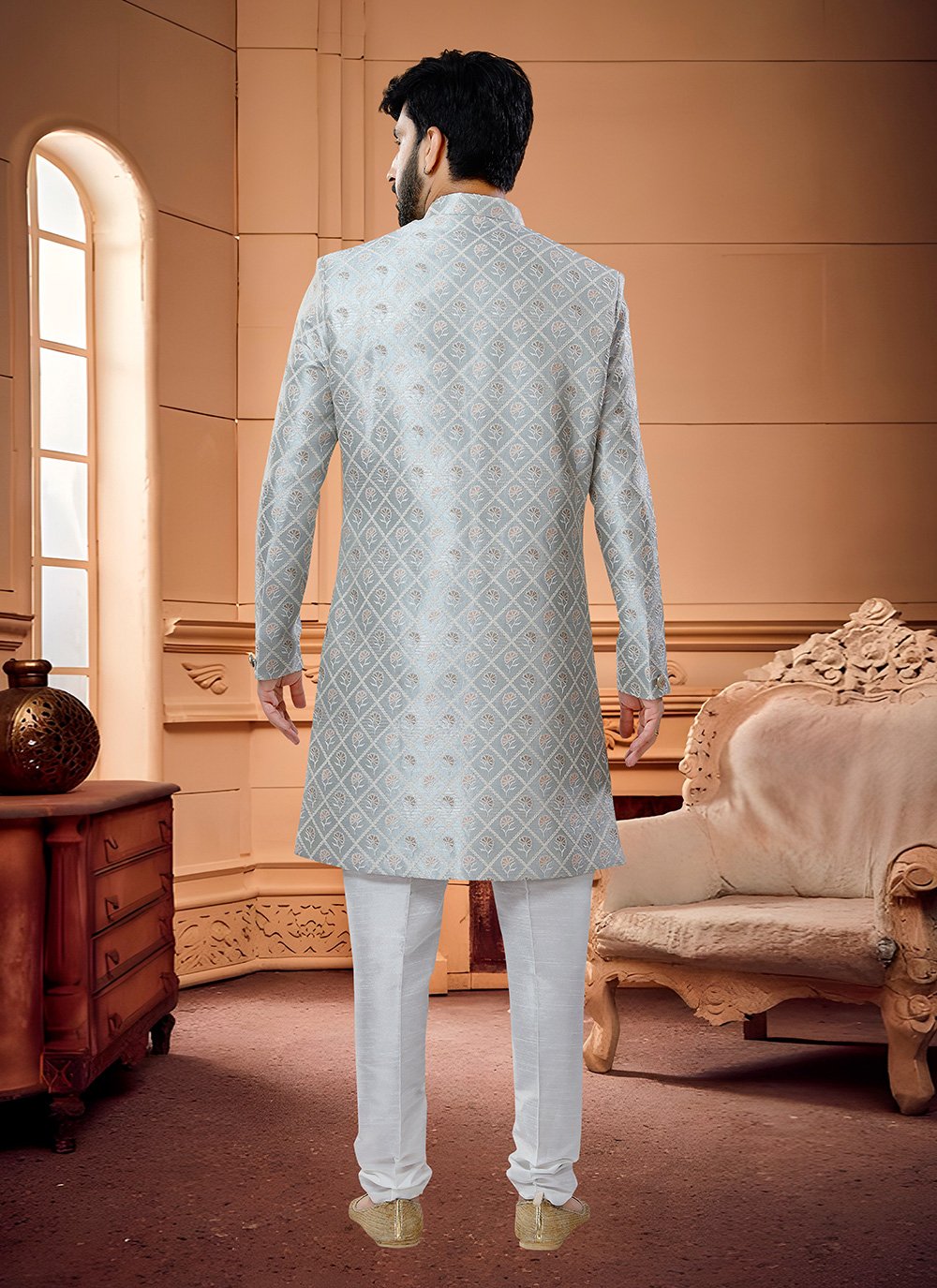 Indo Western Sherwani Silk Grey Embroidered Mens