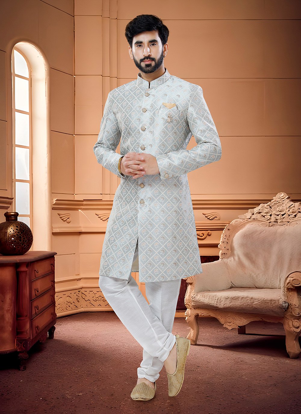 Indo Western Sherwani Silk Grey Embroidered Mens