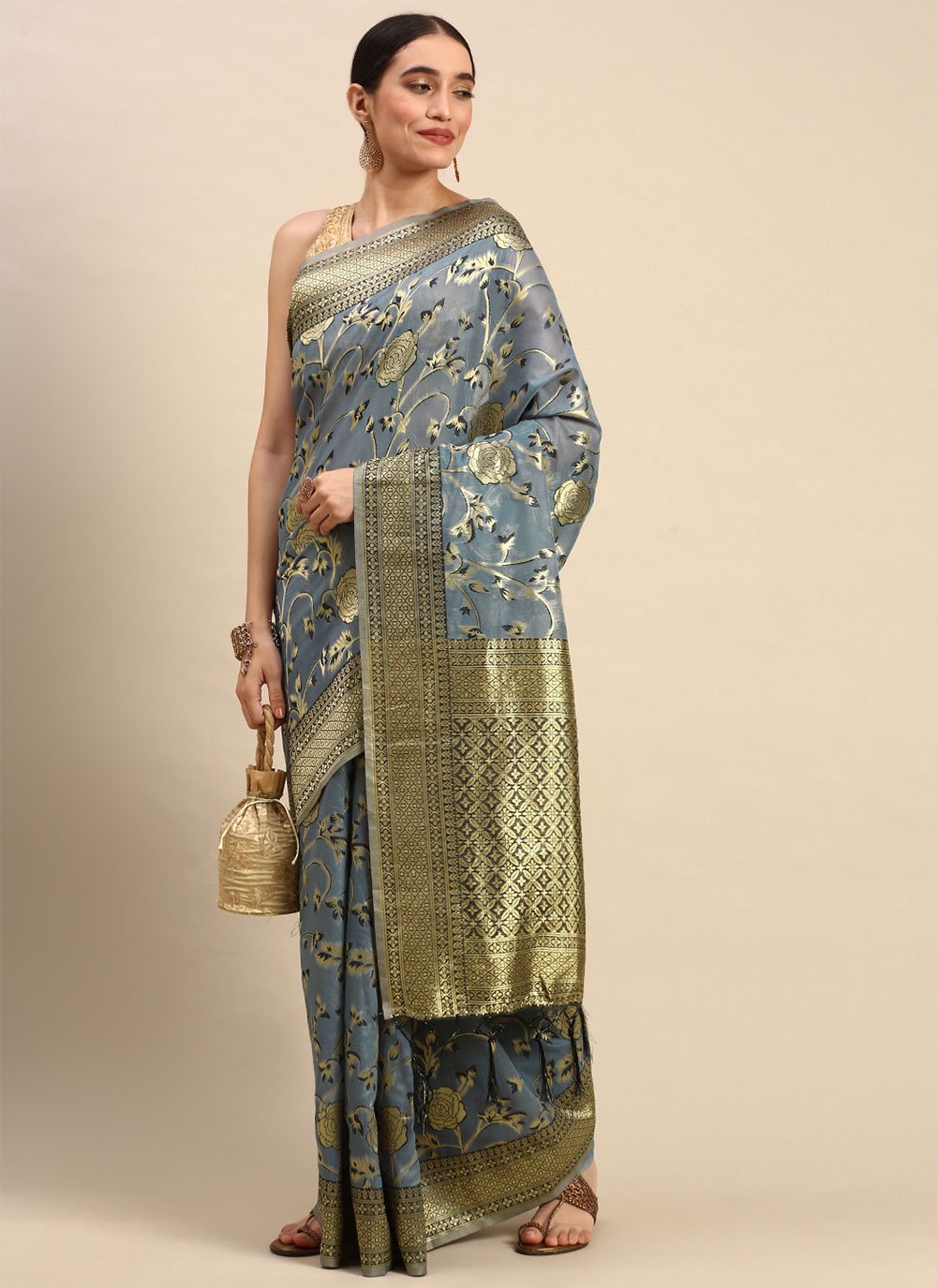 Contemporary Soft Cotton Grey Weaving Saree