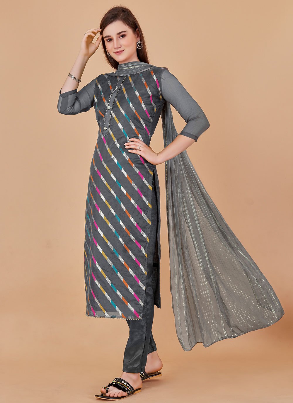 Salwar Suit Jacquard Organza Grey Lace Salwar Kameez