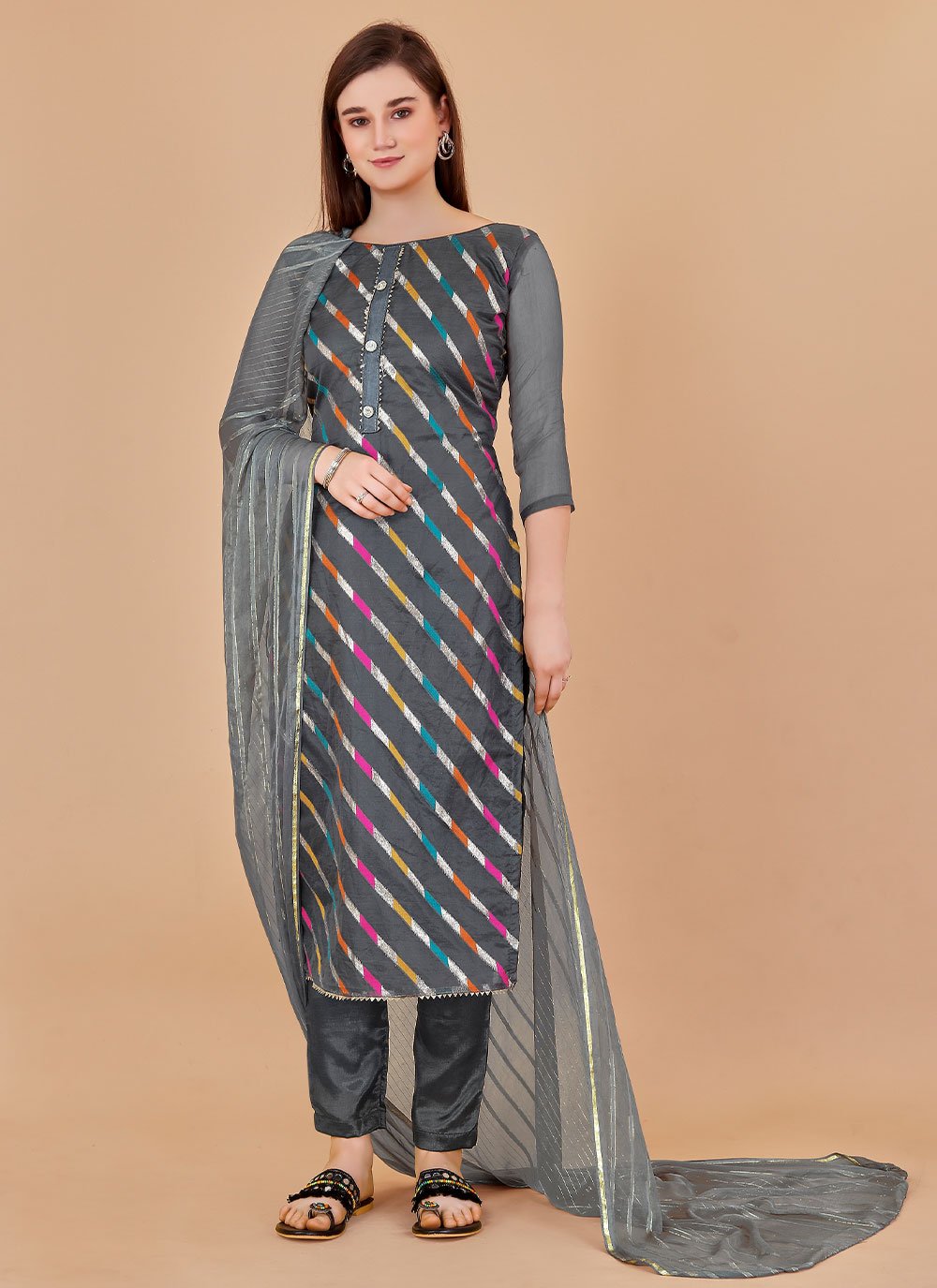 Salwar Suit Jacquard Organza Grey Lace Salwar Kameez