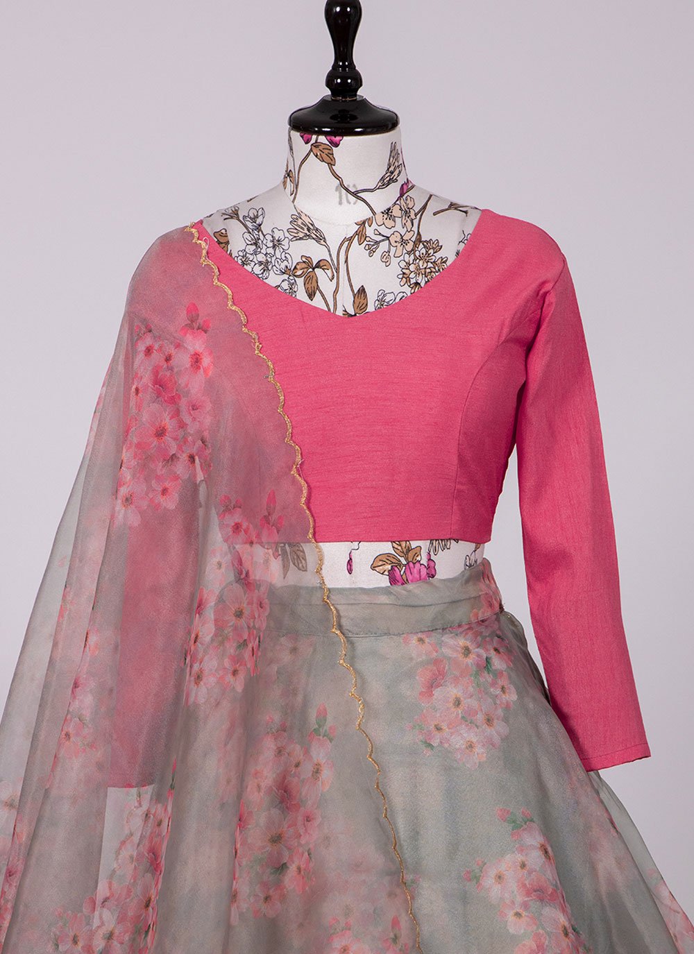 A Line Lehenga Organza Grey Floral Patch Lehenga Choli