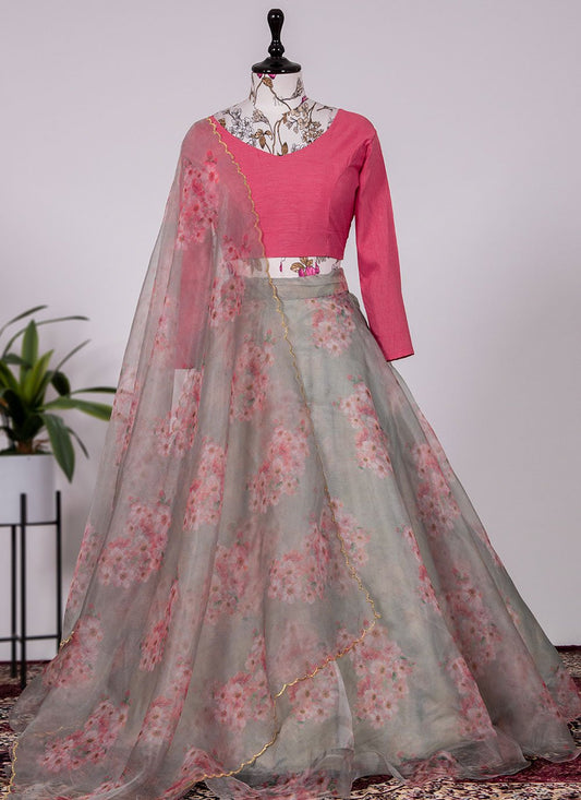 A Line Lehenga Organza Grey Floral Patch Lehenga Choli