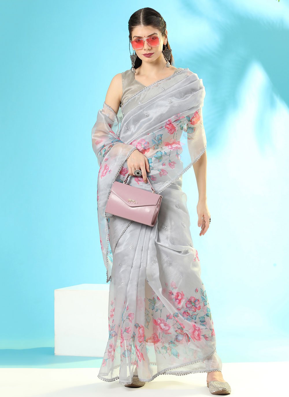 Classic Organza Silk Grey Booti Saree