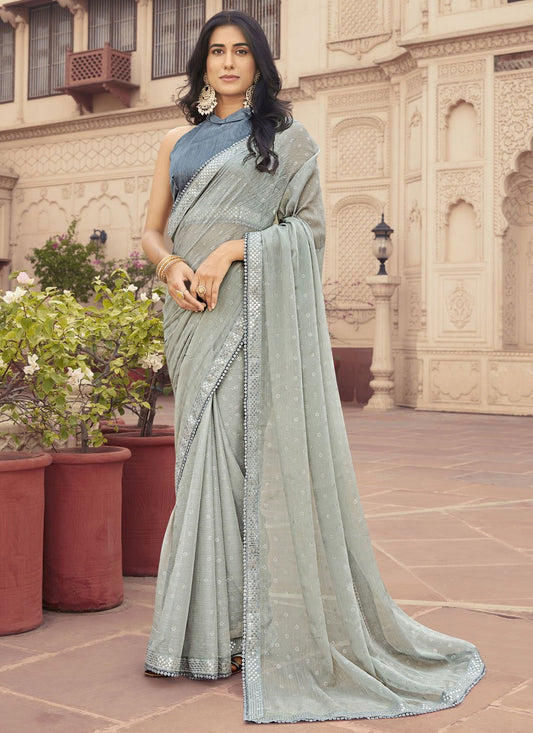 Contemporary Chiffon Grey Embroidered Saree