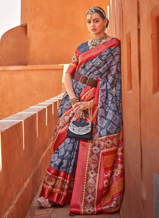 Trendy Saree Cotton Silk Grey Foil Print Saree