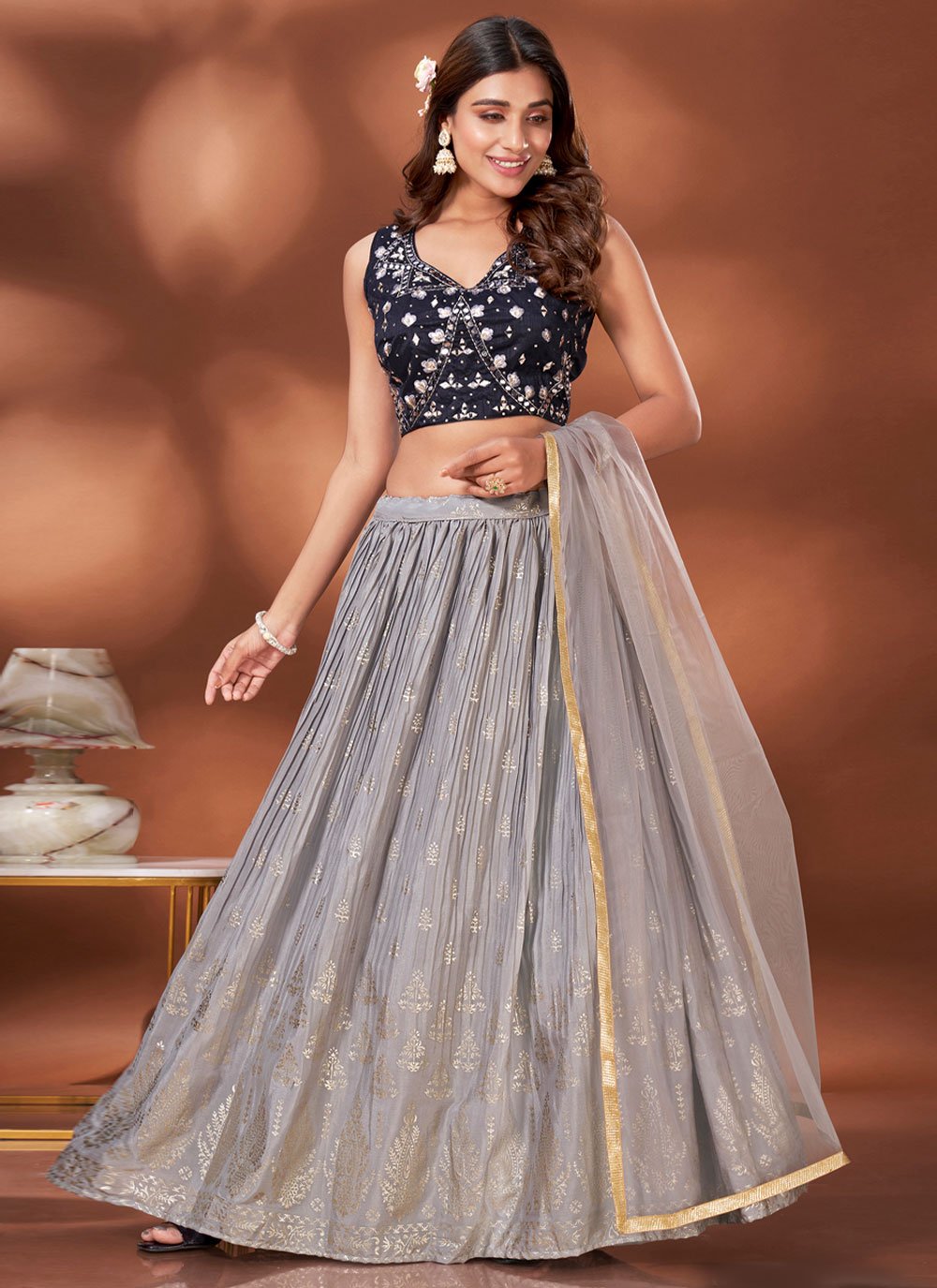 Readymade Lehenga Choli Chinon Grey Foil Print Lehenga Choli