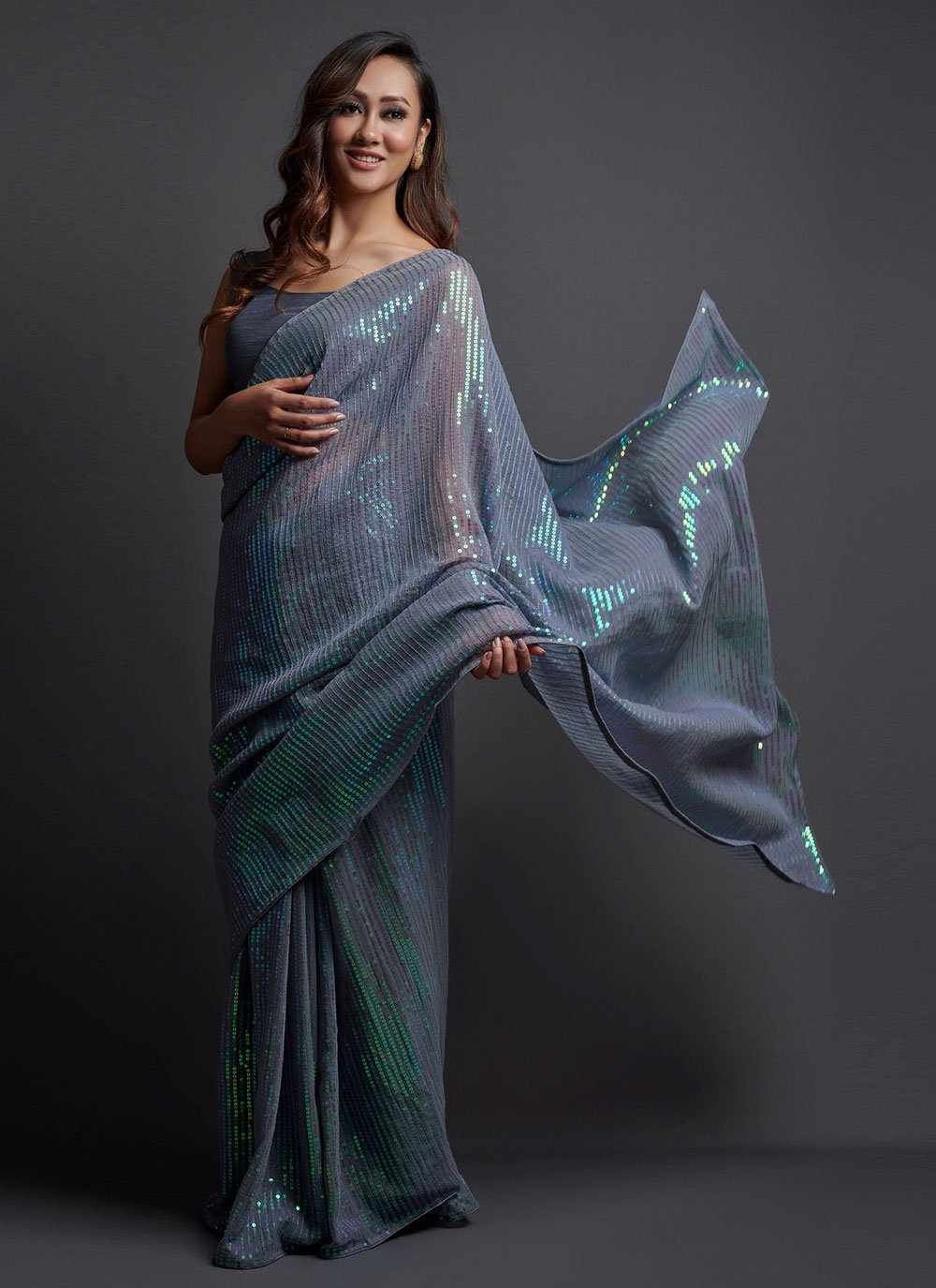 Contemporary Georgette Silk Grey Embroidered Saree