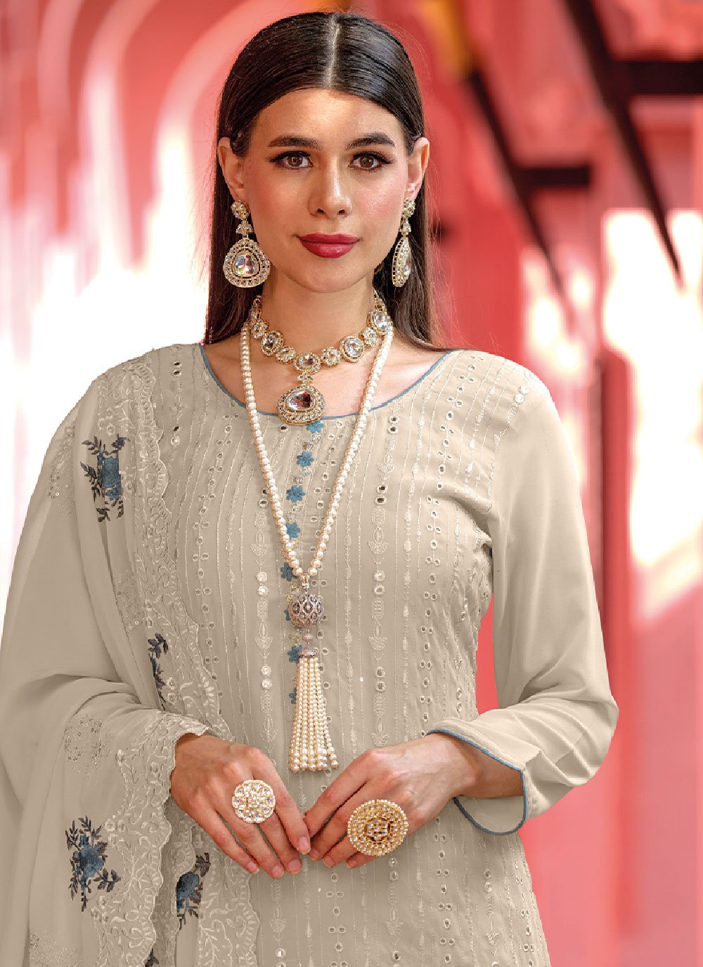 Straight Salwar Suit Georgette Grey Embroidered Salwar Kameez