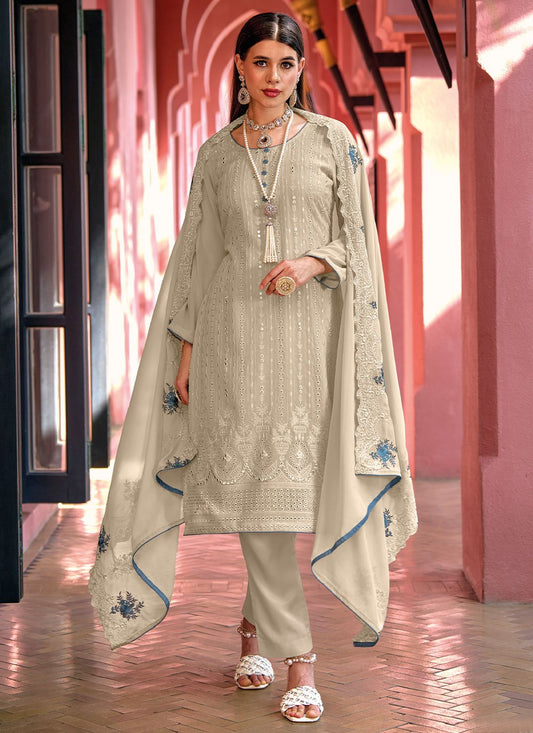 Straight Salwar Suit Georgette Grey Embroidered Salwar Kameez