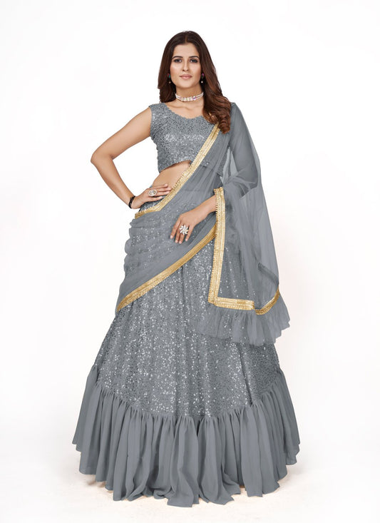 A Line Lehenga Georgette Grey Embroidered Lehenga Choli