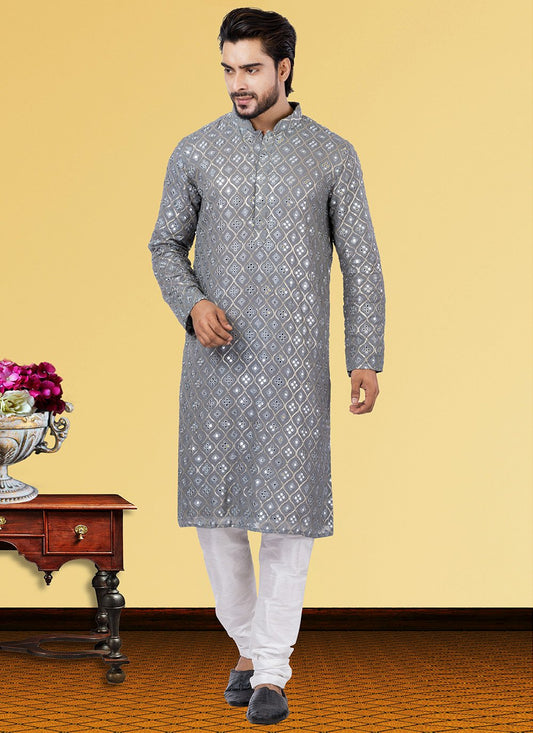 Kurta Pyjama Georgette Grey Embroidered Mens