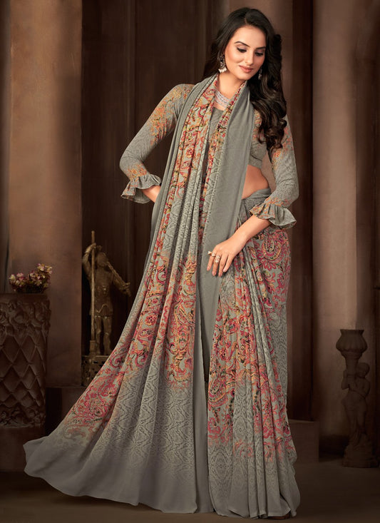 Trendy Saree Georgette Grey Print Saree