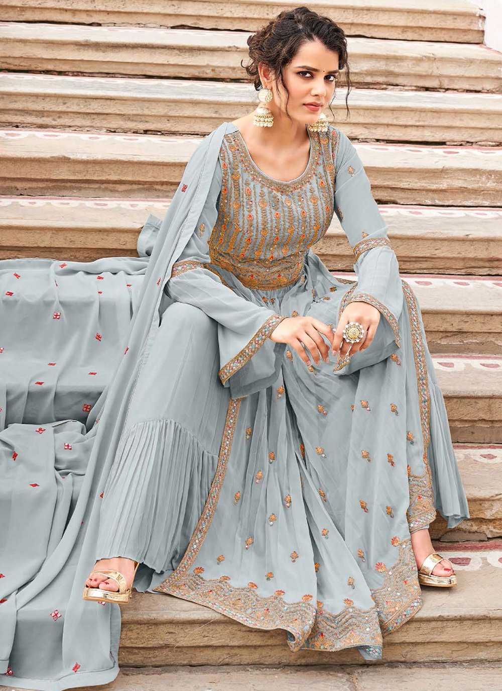 Salwar Suit Georgette Grey Embroidered Salwar Kameez