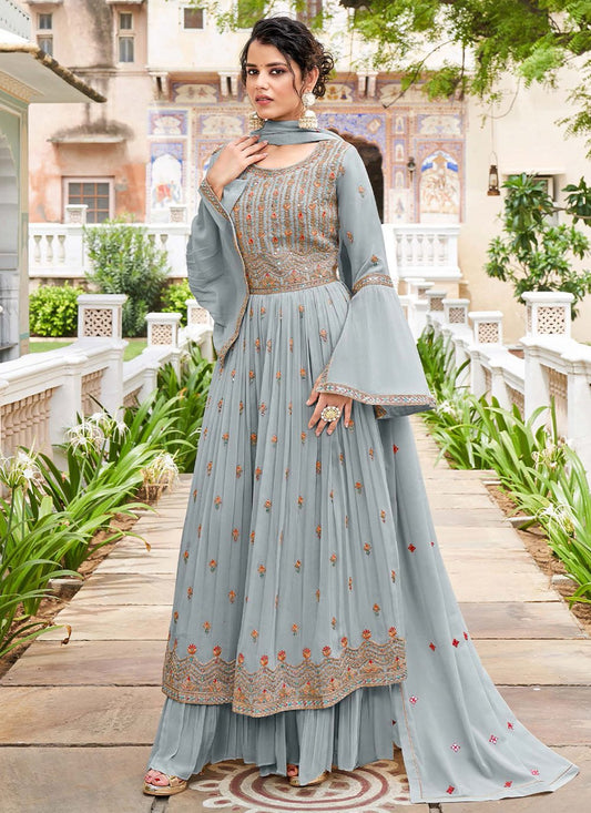 Salwar Suit Georgette Grey Embroidered Salwar Kameez