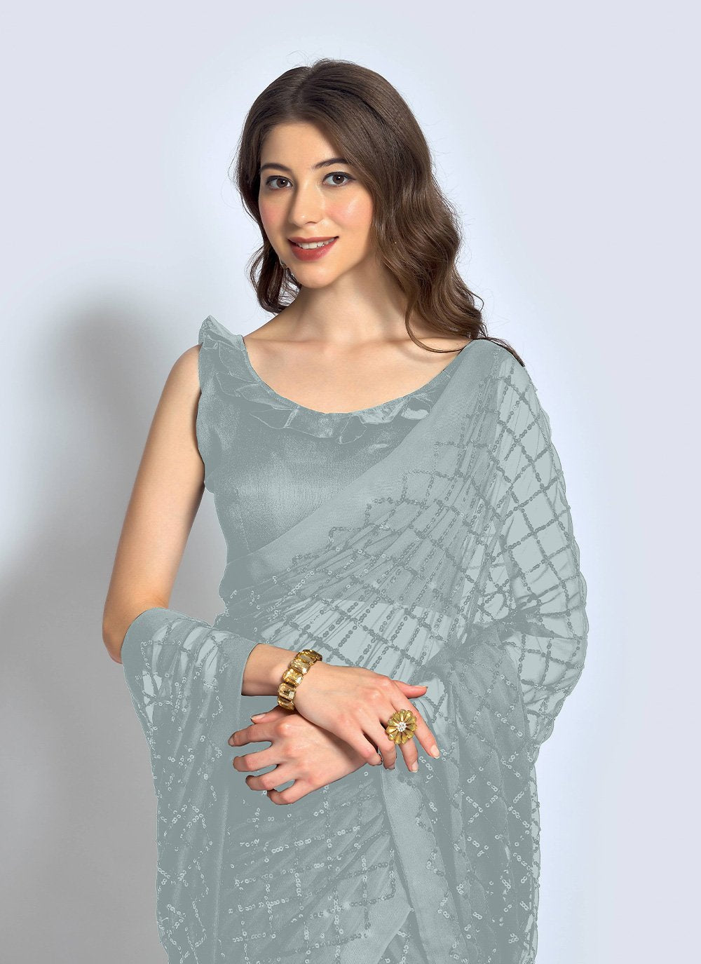 Classic Georgette Grey Sequins Saree