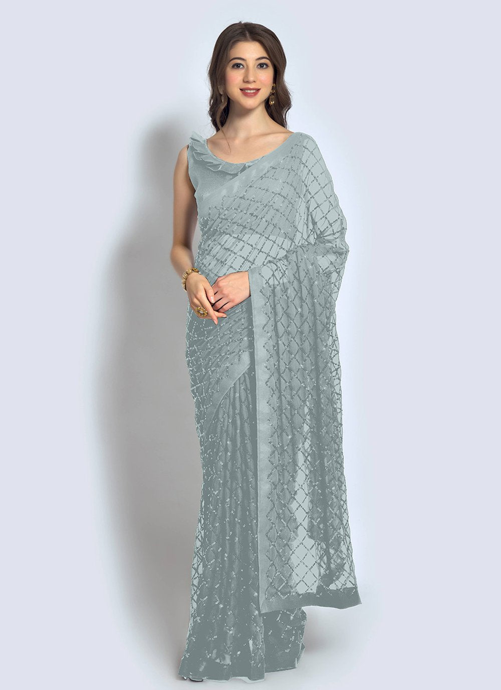 Classic Georgette Grey Sequins Saree