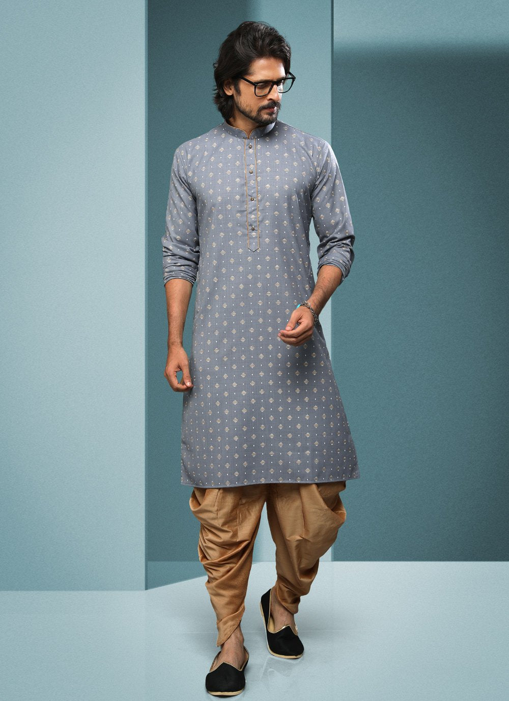 Dhoti Kurta Handloom Cotton Grey Digital Print Mens