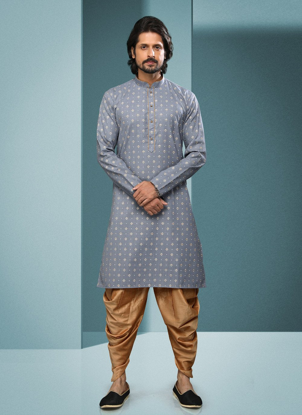 Dhoti Kurta Handloom Cotton Grey Digital Print Mens