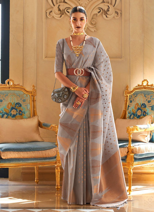 Contemporary Handloom Silk Tissue Grey Weaving Saree