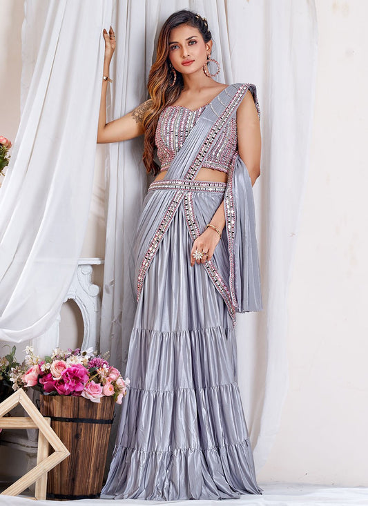 Contemporary Imported Lycra Grey Embroidered Saree