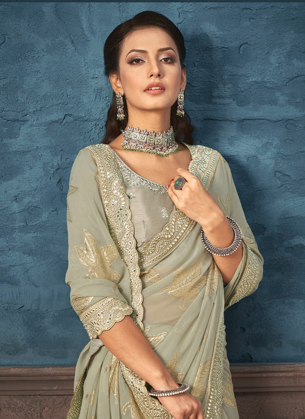 Classic Georgette Jacquard Grey Embroidered Saree