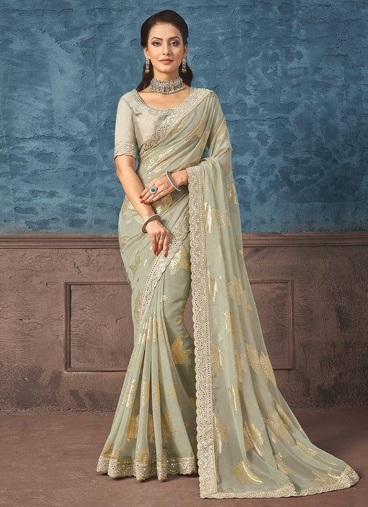 Classic Georgette Jacquard Grey Embroidered Saree