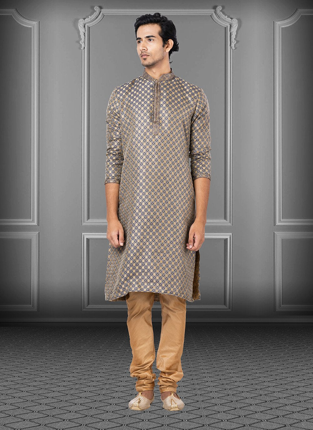 Kurta Pyjama Jacquard Grey Fancy Work Mens