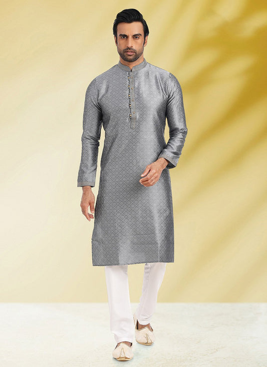 Kurta Pyjama Jacquard Grey Fancy Work Mens