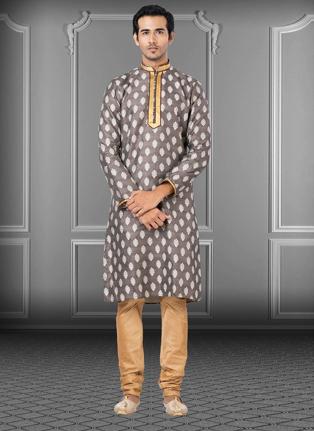 Kurta Pyjama Jacquard Grey Fancy Work Mens