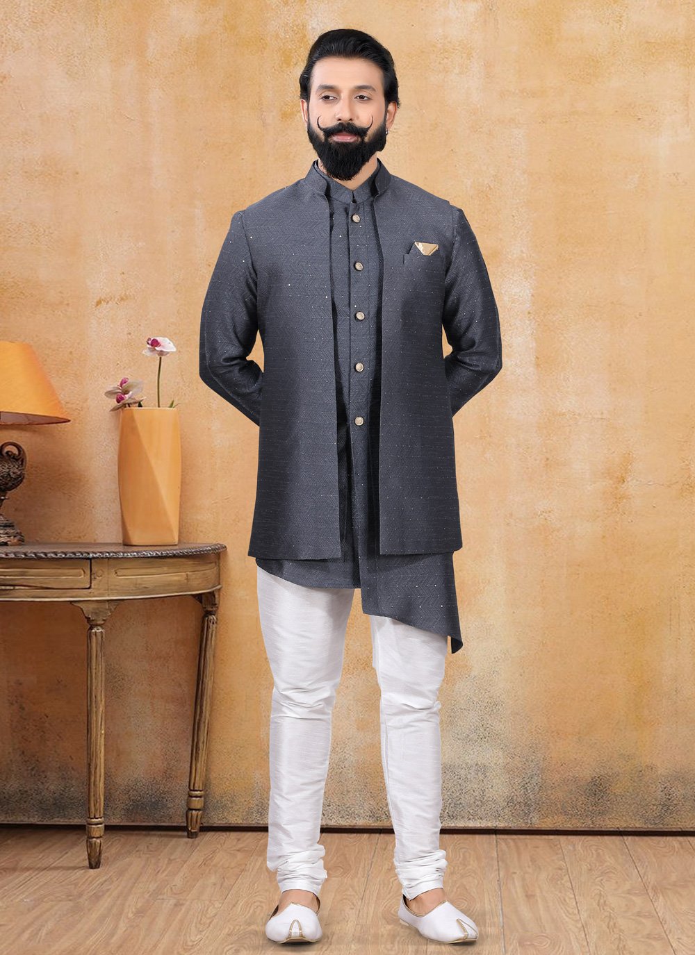 Nehru Jackets Jacquard Grey Fancy Work Mens