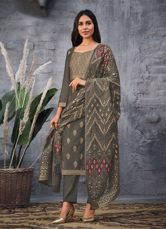 Trendy Suit Jacquard Silk Grey Swarovski Salwar Kameez