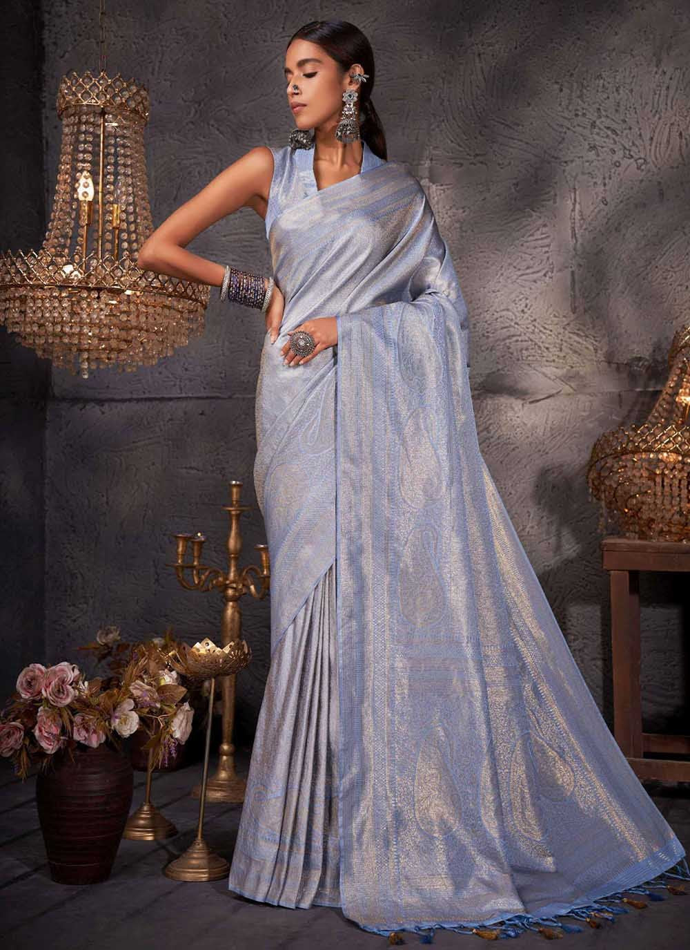 Trendy Saree Kanjivaram Silk Grey Woven Saree