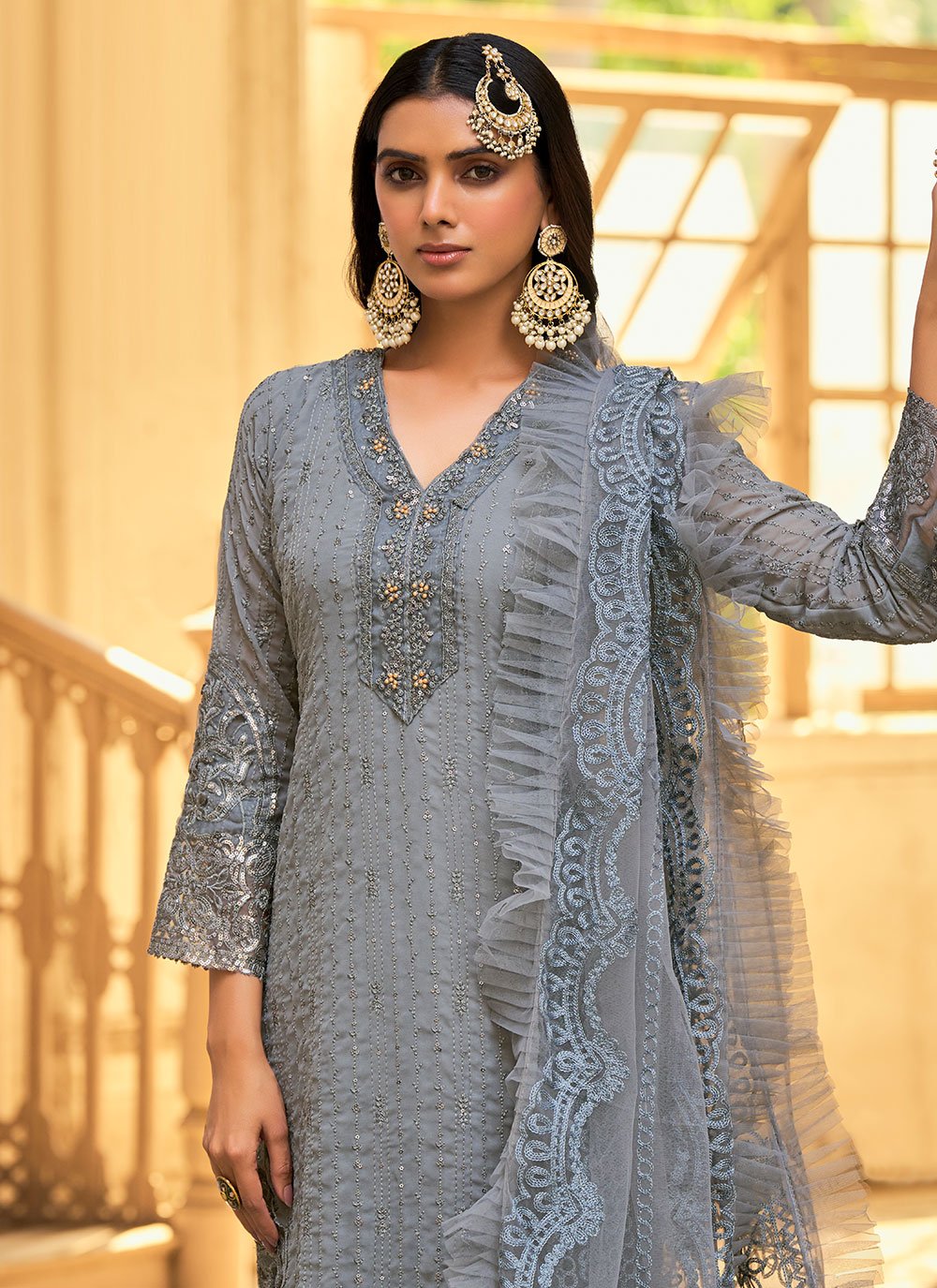 Pant Style Suit Faux Georgette Grey Embroidered Salwar Kameez